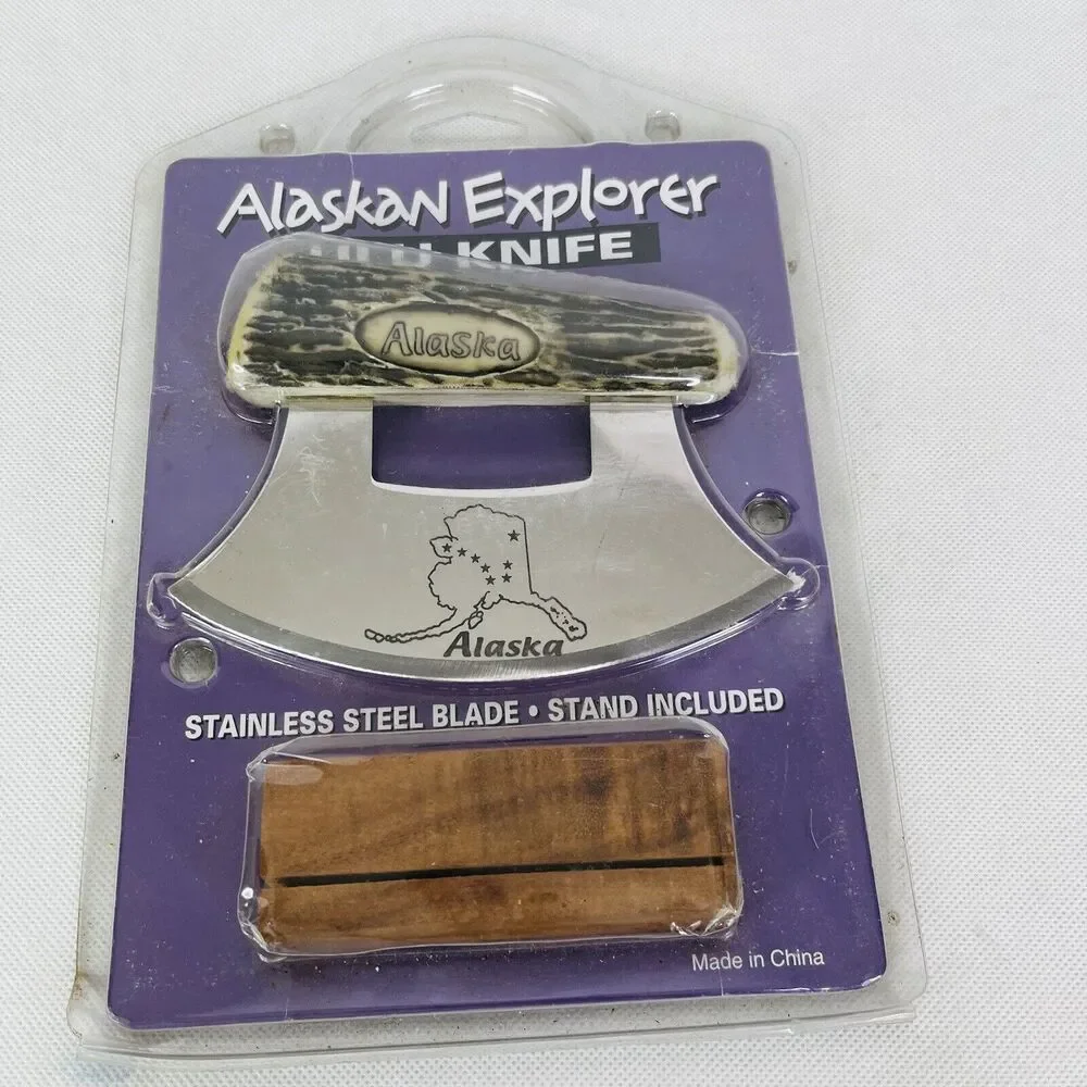 Alaskan Explorer‎ ULU KNIFE, Stainless Steel Blade w/ Wood Display Stand NEW